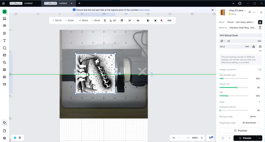 Camera engraving positioning when using rotary