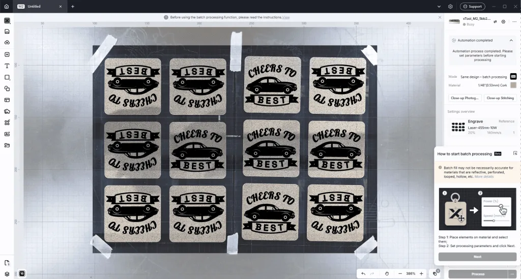 Close-up camera for precise positioning and automatic batch filling of graphics