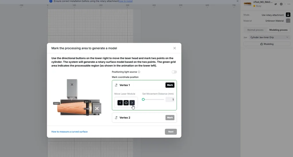 Rotary attachment modeling process: model measurement